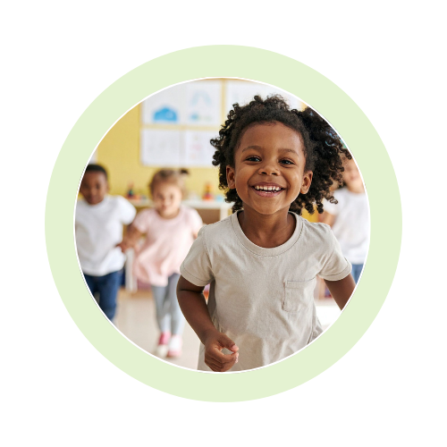Happy child running in a classroom with friends.