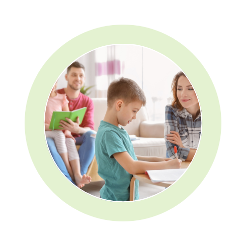 Child studying with family at home.