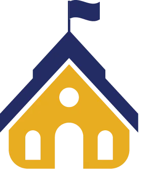 Yellow and blue house icon with flag.
