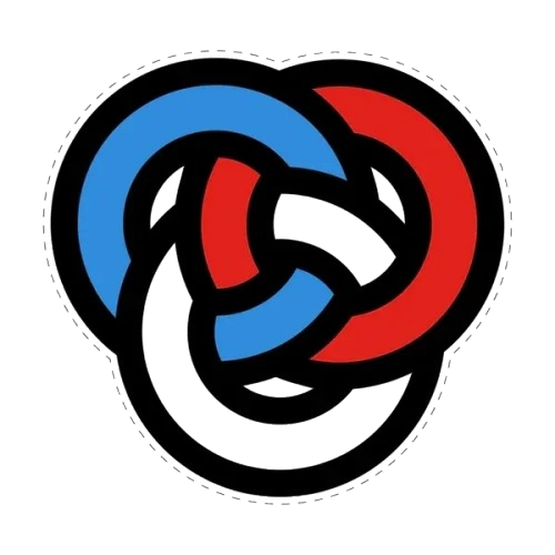 Abstract interlocking shapes in blue, red, and white.